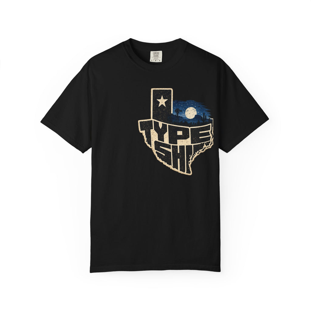 Texas Type Shi Night Skyline T-Shirt — Retro Lone Star Graphic Tee