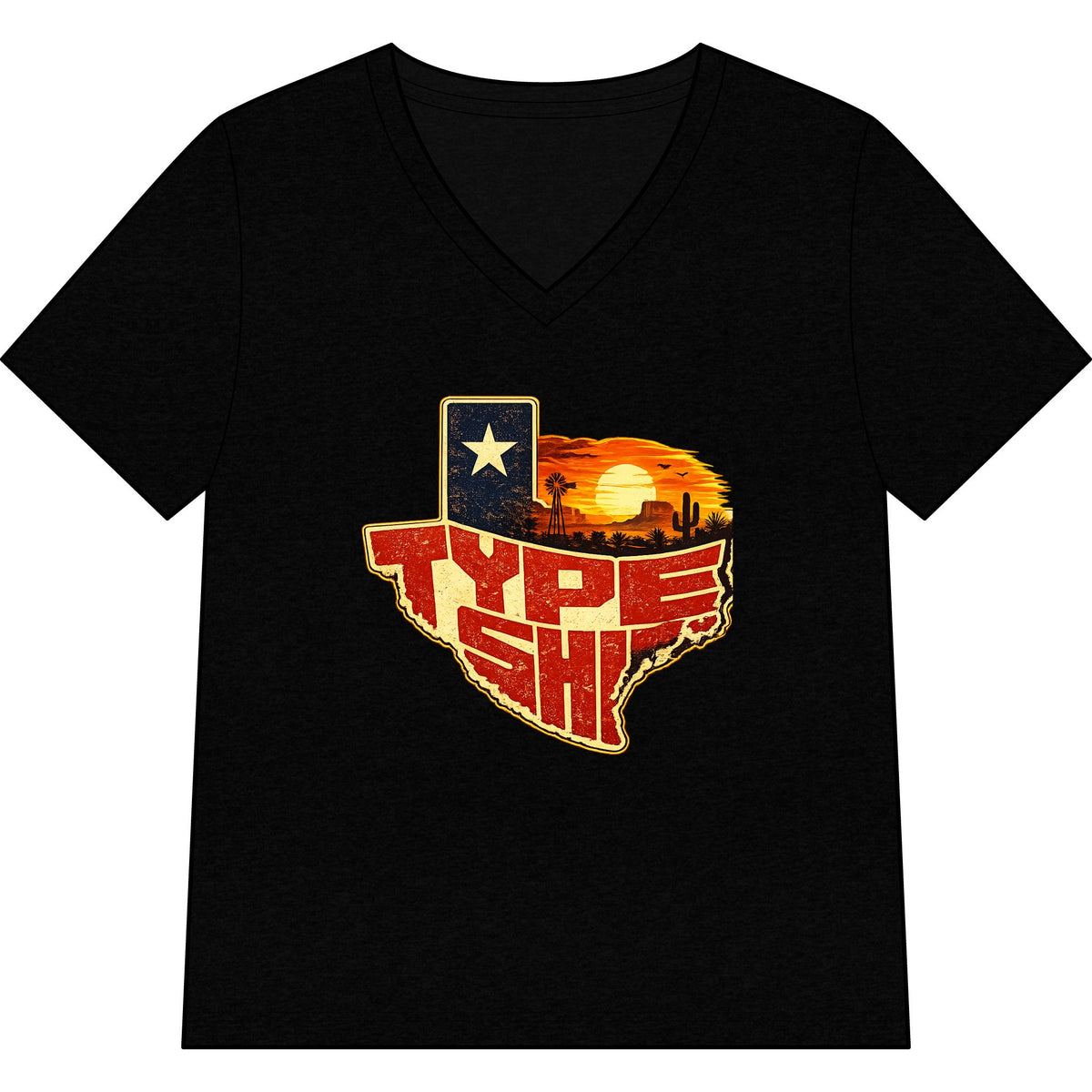 Womans Texas Type Shi V Neck  — Retro Skyline & Lone Star Graphic