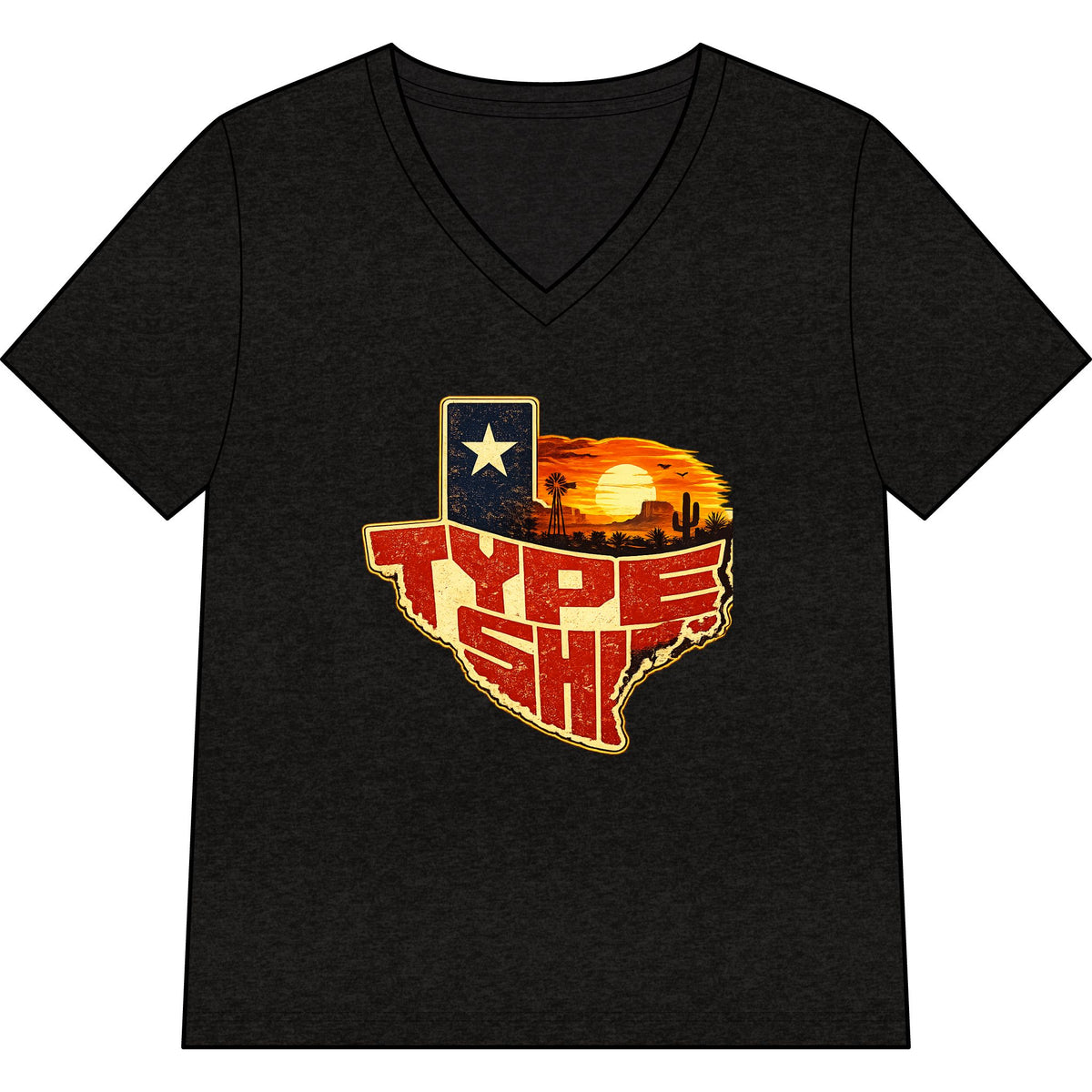 Womans Texas Type Shi V Neck  — Retro Skyline & Lone Star Graphic
