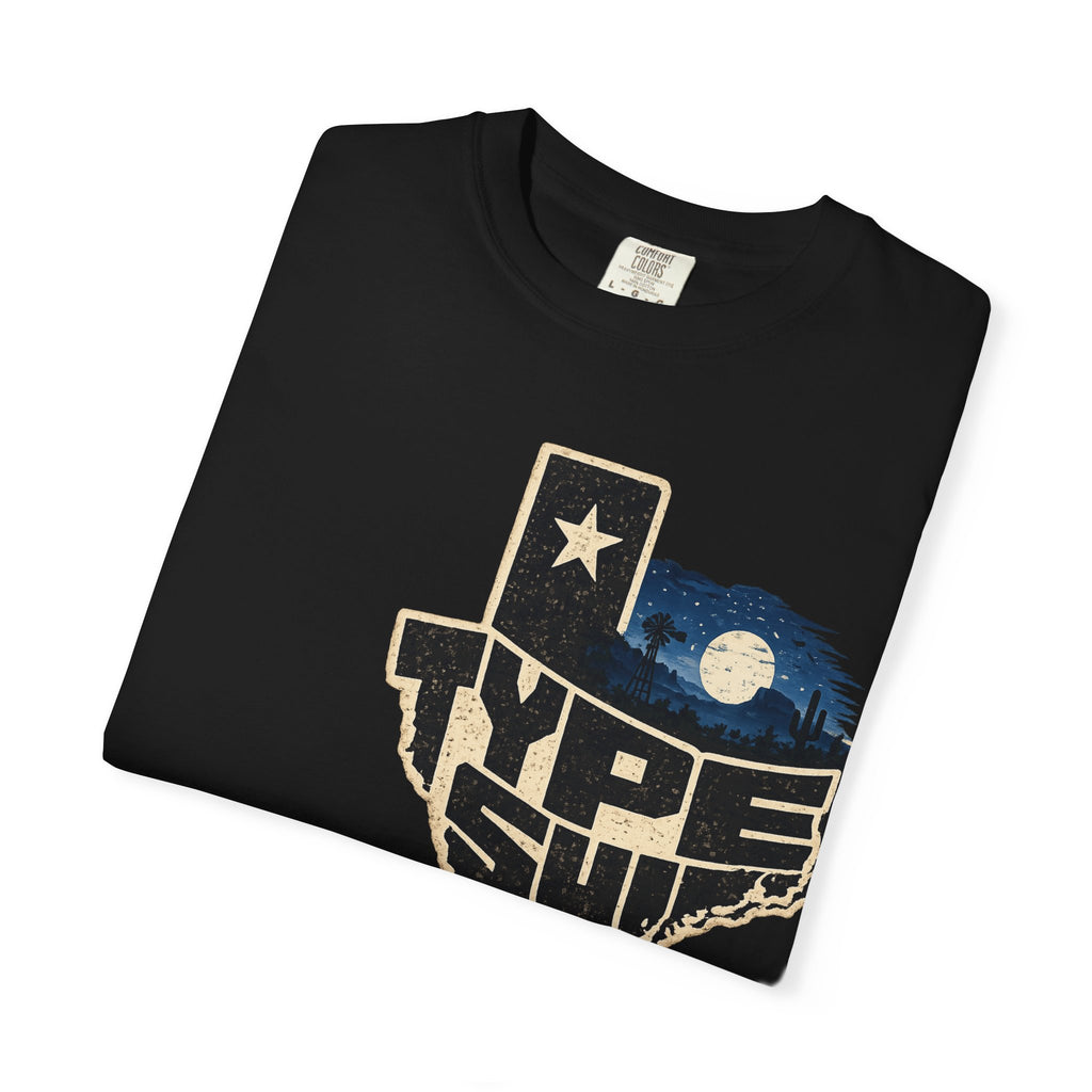 Texas Type Shi Night Skyline T-Shirt — Retro Lone Star Graphic Tee